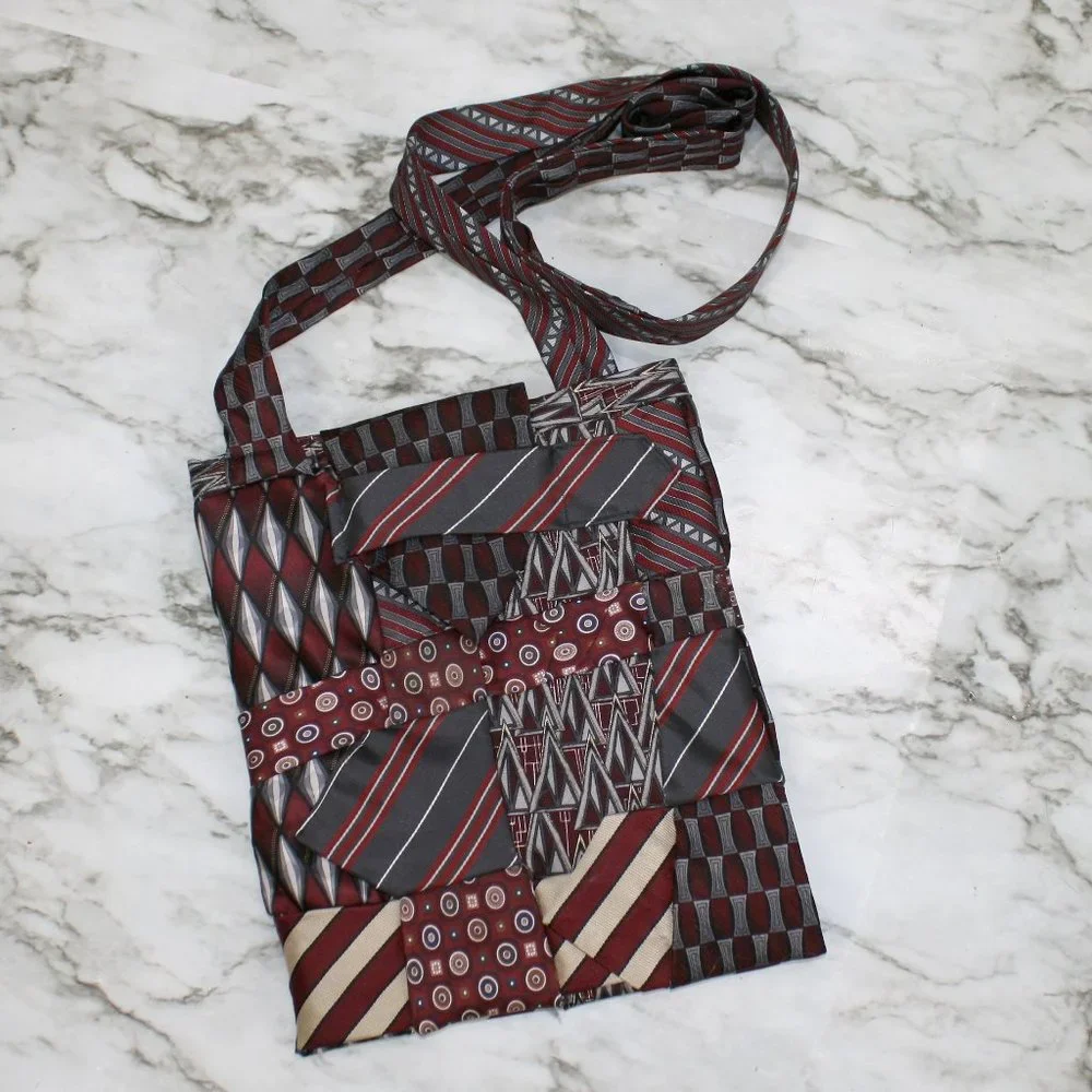 HAND CRAFTED Purse Bag Crossbody Upcycled Neck Ties Silk Red Burgundy Small